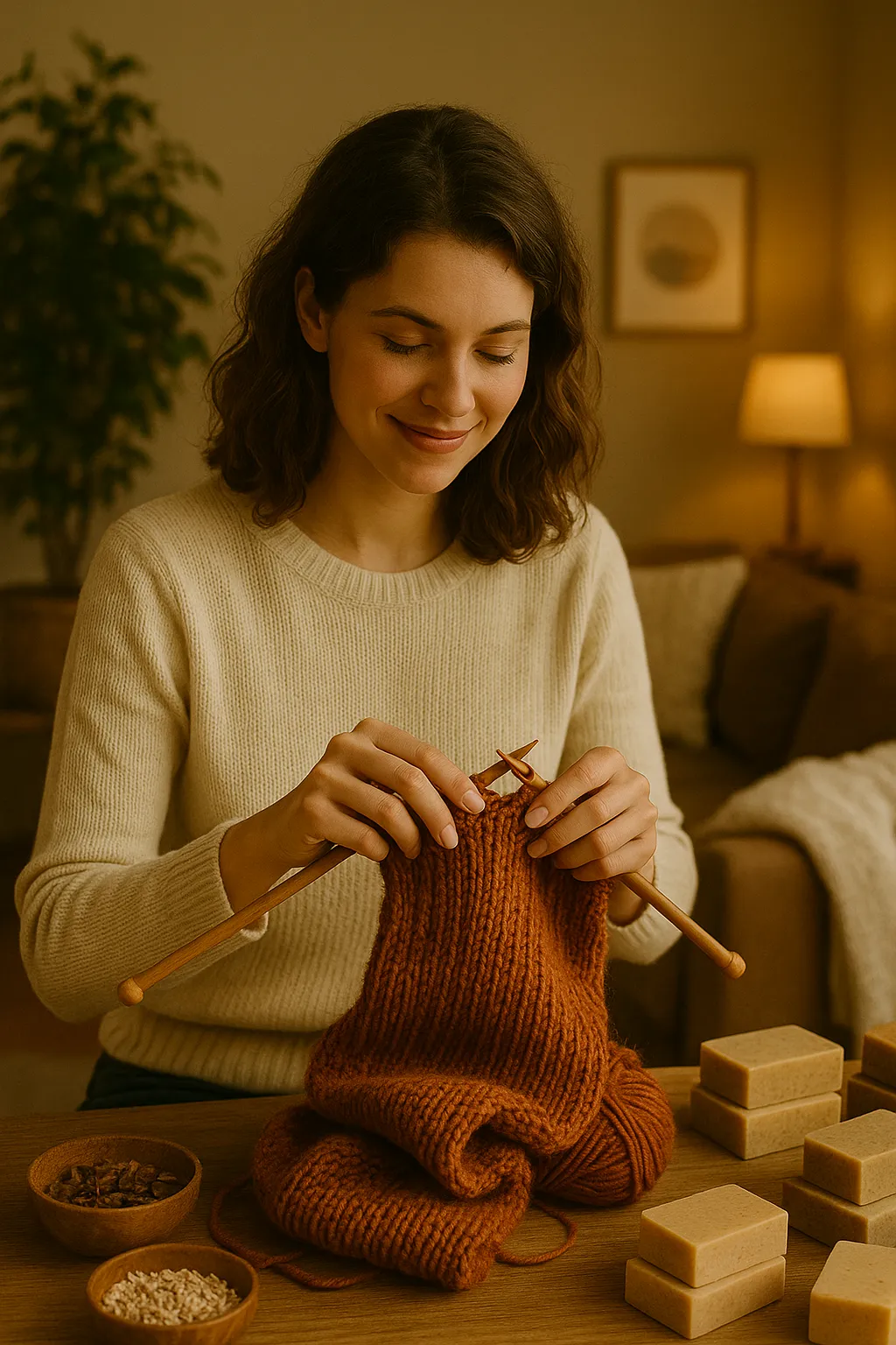 Eine Frau mit Strickset